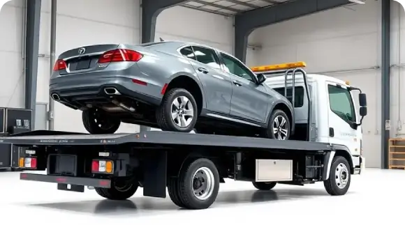Professional tow truck carrying a scrap car